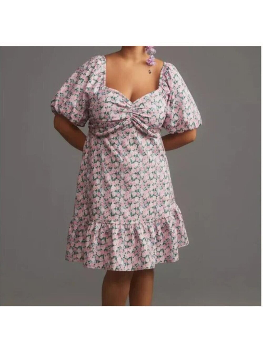 Anthropologie Pink Floral Puff-Sleeve Mini Dress